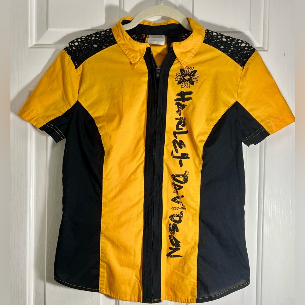 Harley Davidson Lace Shoulder Stretch Zip Top